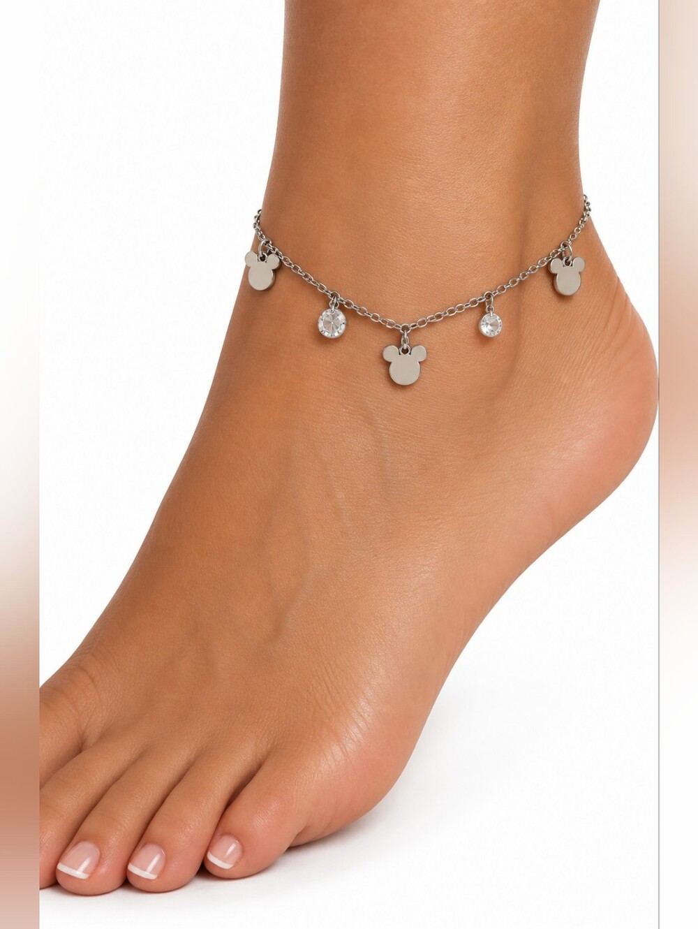 🍎 NWT Mouse Head Stainless Steel Anklet Crystal Charm Dainty Silver Tone Extend